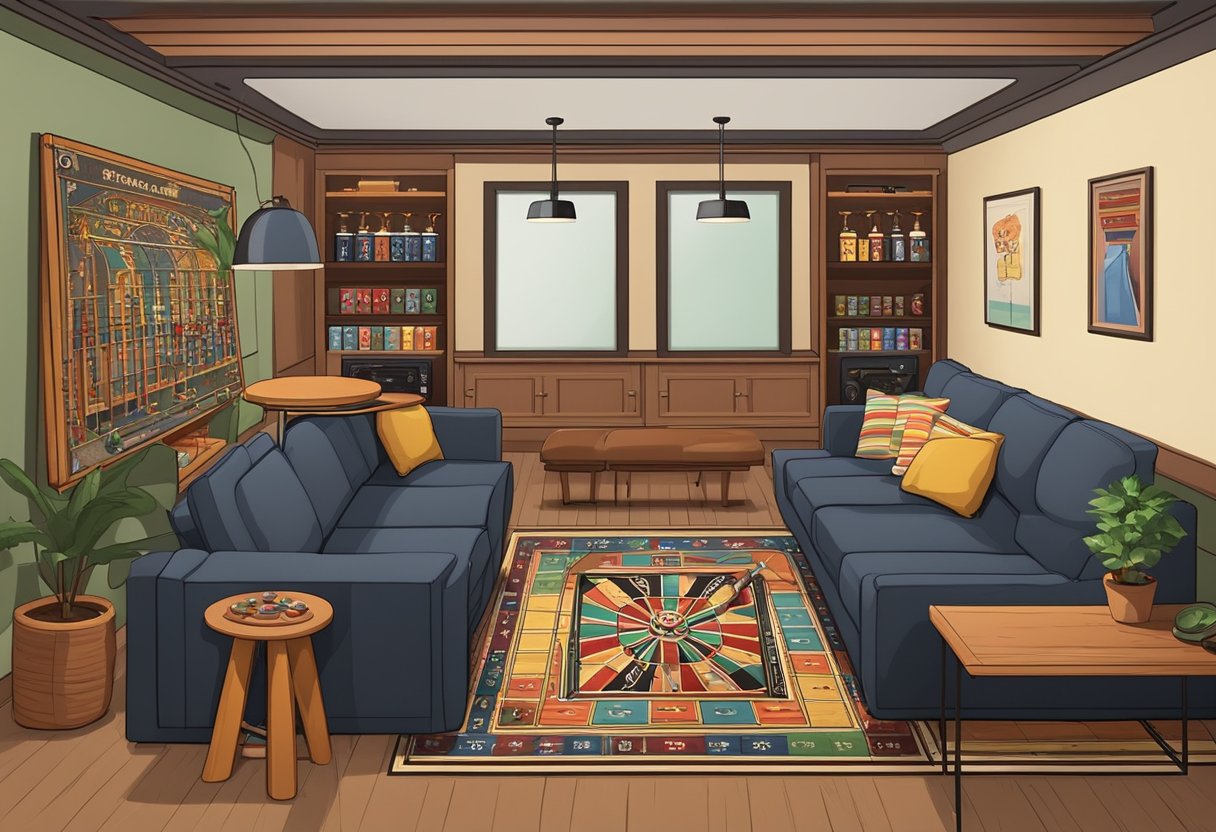 A cozy basement with colorful rugs, a dartboard, and a vintage arcade machine. Shelves of board games and a comfortable seating area complete the budget-friendly games room