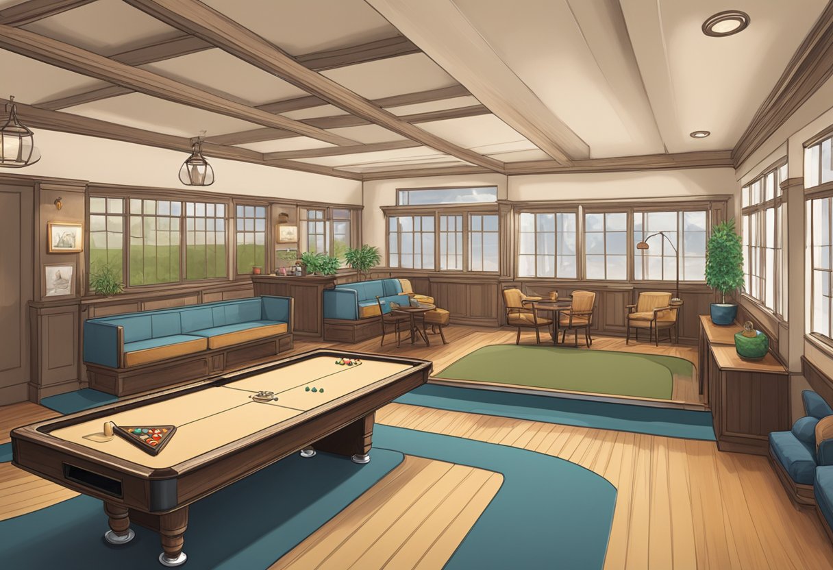 A well-lit room with a shuffleboard table, surrounded by comfortable seating. Various accessories and maintenance tools are neatly organized nearby