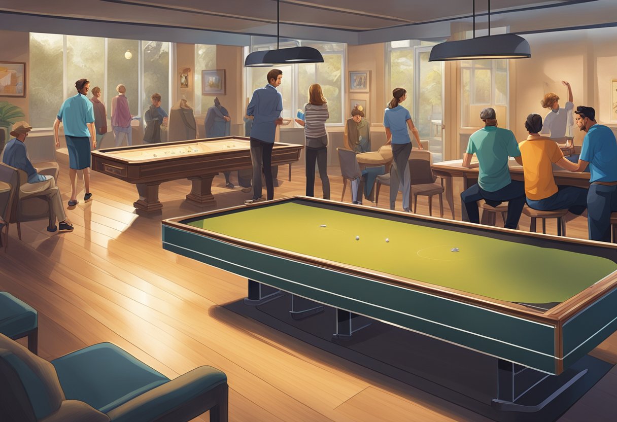 A well-lit room with a polished shuffleboard table, surrounded by comfortable seating and a few onlookers enjoying a game