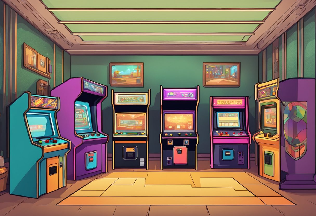 A home game room with vintage arcade machines lined up, colorful screens glowing, and joysticks and buttons ready for play