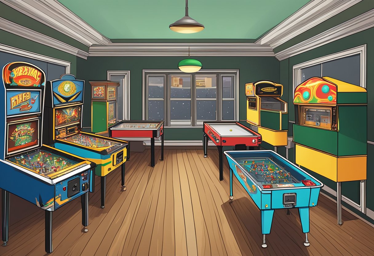 A home game room with classic pinball machines surrounded by retro arcade games