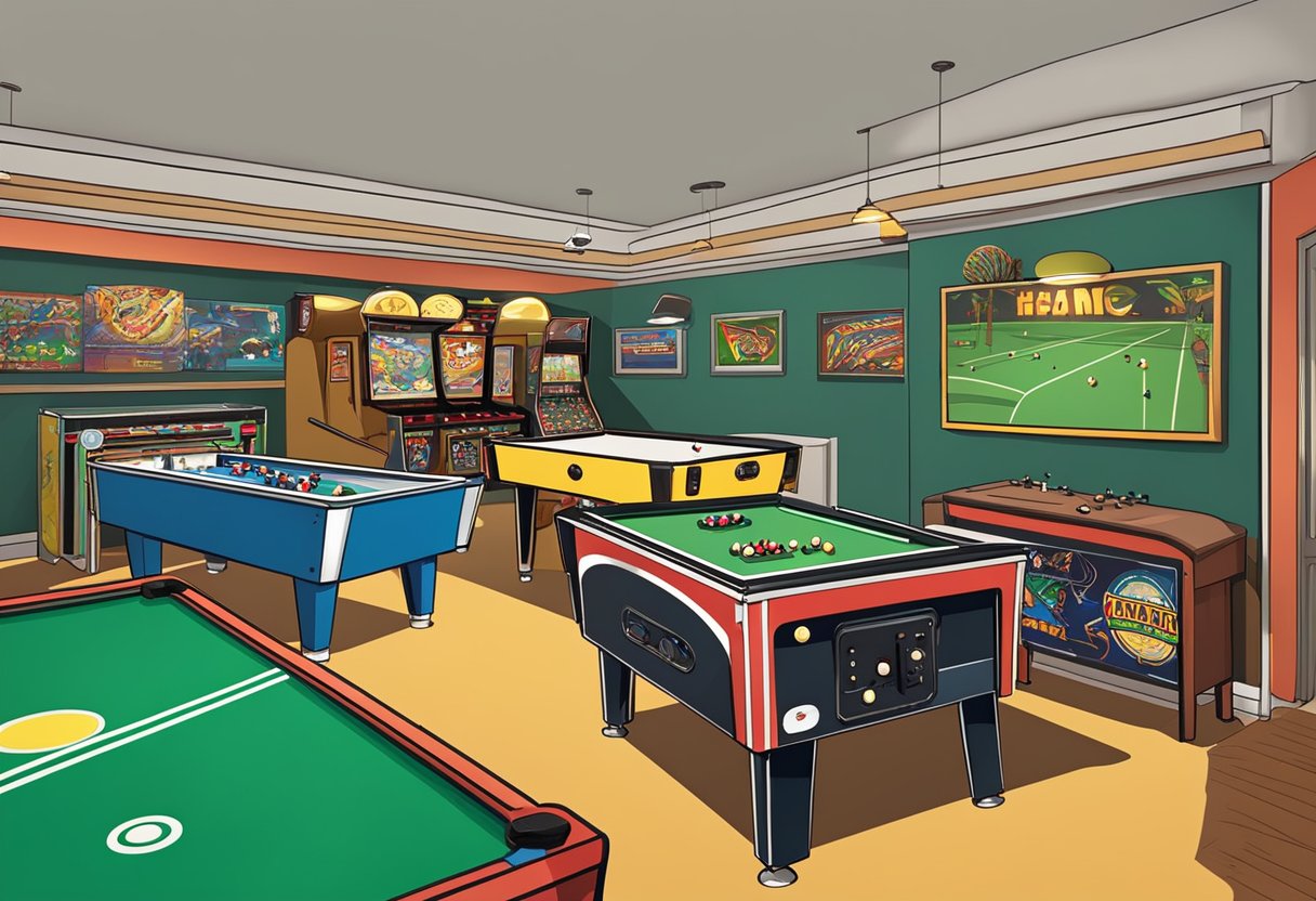 A home game room filled with classic arcade games, including pinball machines, air hockey, and foosball tables, creating a lively and nostalgic atmosphere