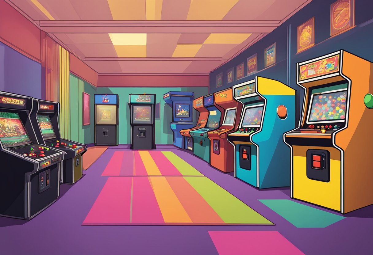 A game room with classic arcade games arranged in a row, colorful and inviting, with retro graphics and joysticks