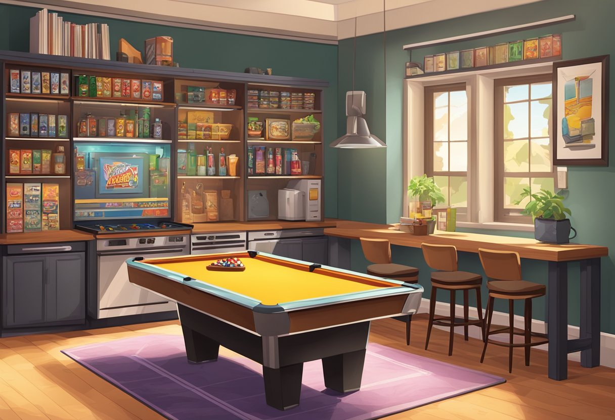 A cozy, well-lit game room with a pool table, arcade games, and comfortable seating. Shelves filled with board games and a mini fridge stocked with drinks