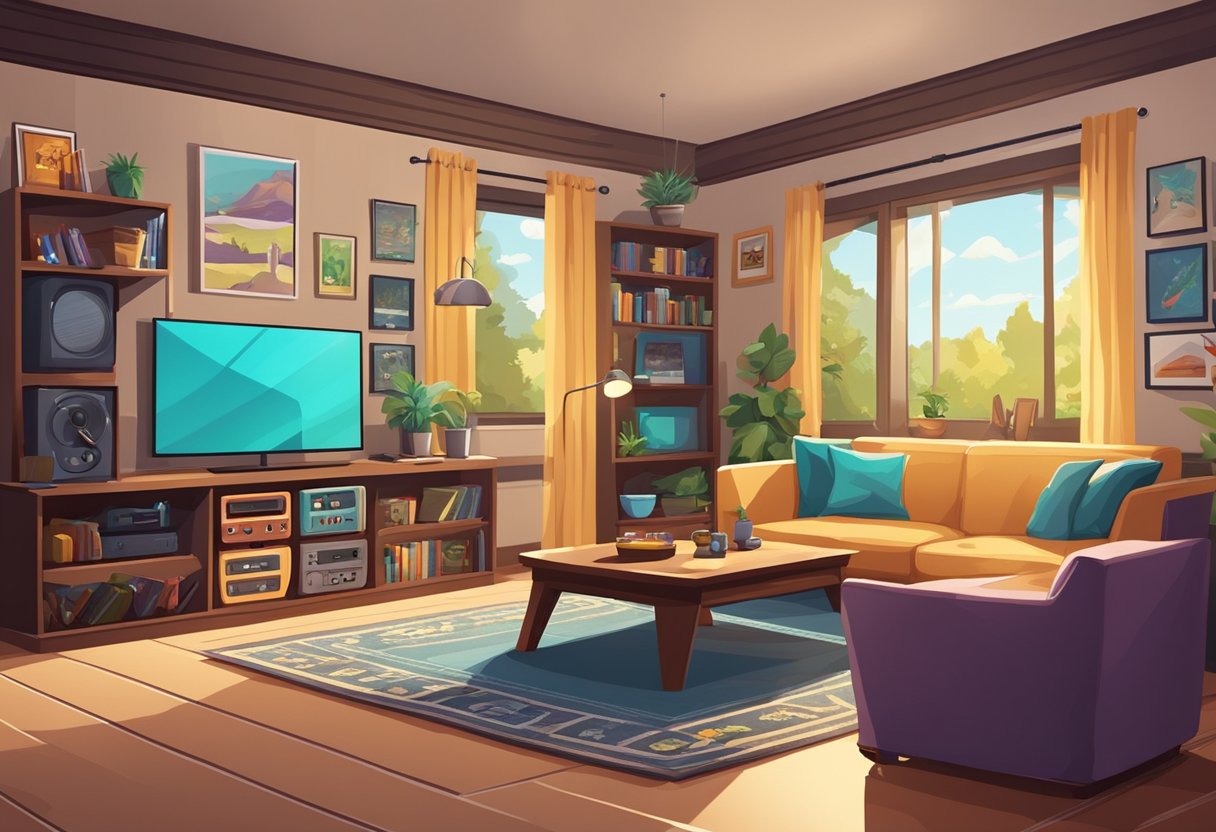 A cozy home gaming room with a large screen TV, comfortable seating, shelves of board games, and a table for tabletop gaming